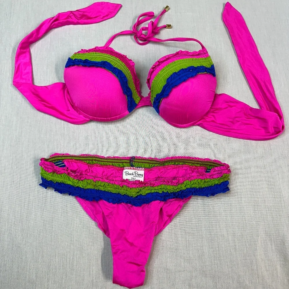 Beach Bunny Dream of Eve Pink Blue Green Ruffle Bikini - Picture 1 of 10